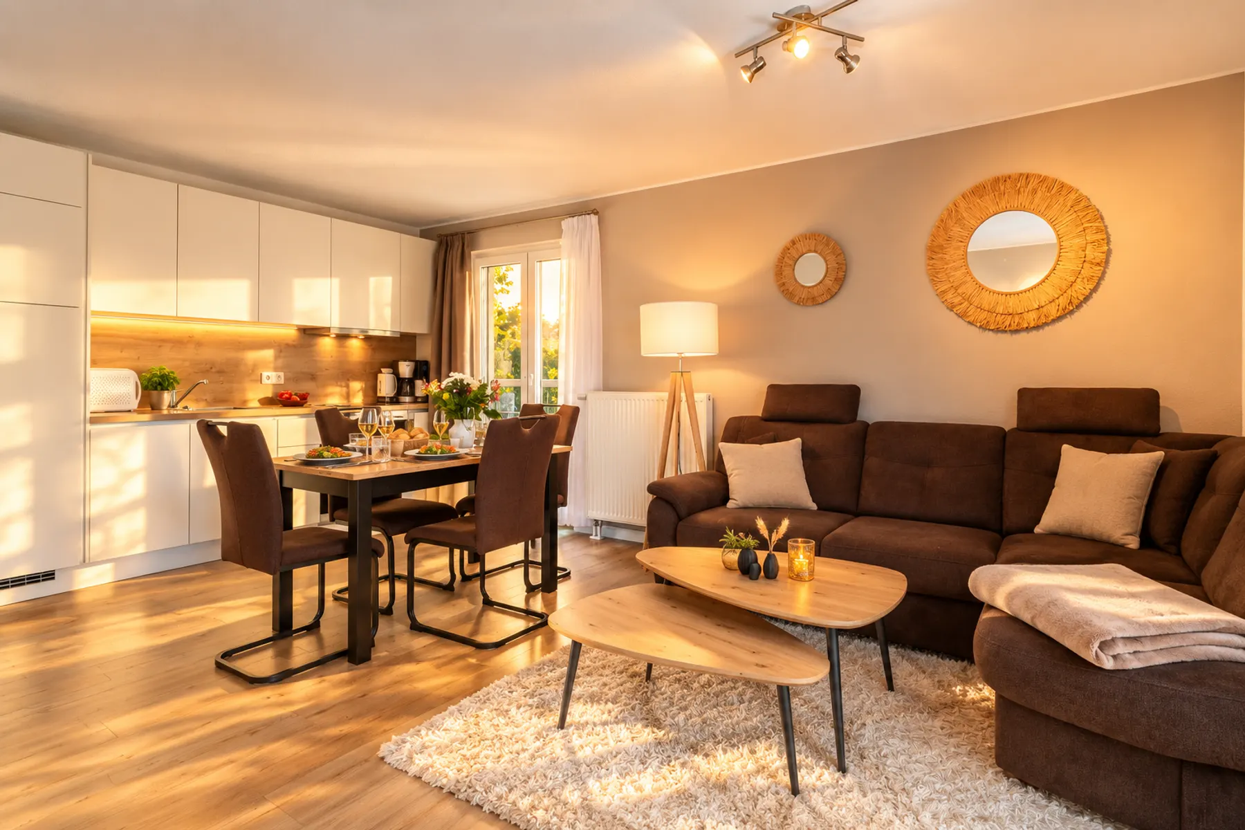 Wohnbereich mit Sofa, Couchtischen und Küchenzeile