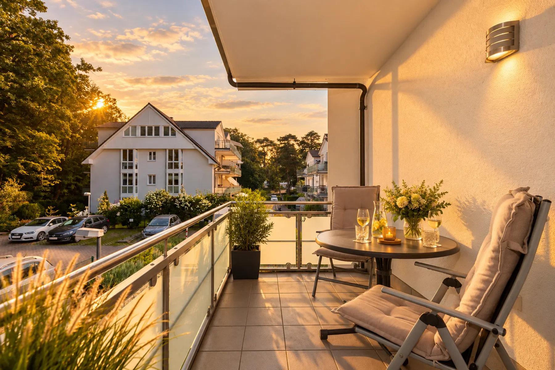 Für zwei Personen gedeckter Tisch auf dem Balkon mit Weingläsern und Blumen